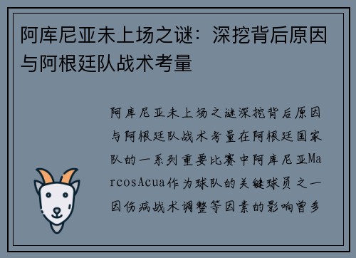 阿库尼亚未上场之谜：深挖背后原因与阿根廷队战术考量